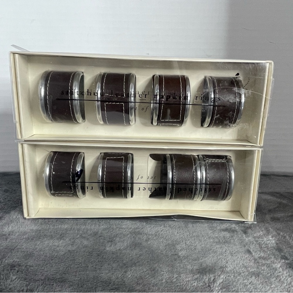 Pier 1 Imports Set of 8 Napkin Rings Stitched‎ Leather and Aluminum